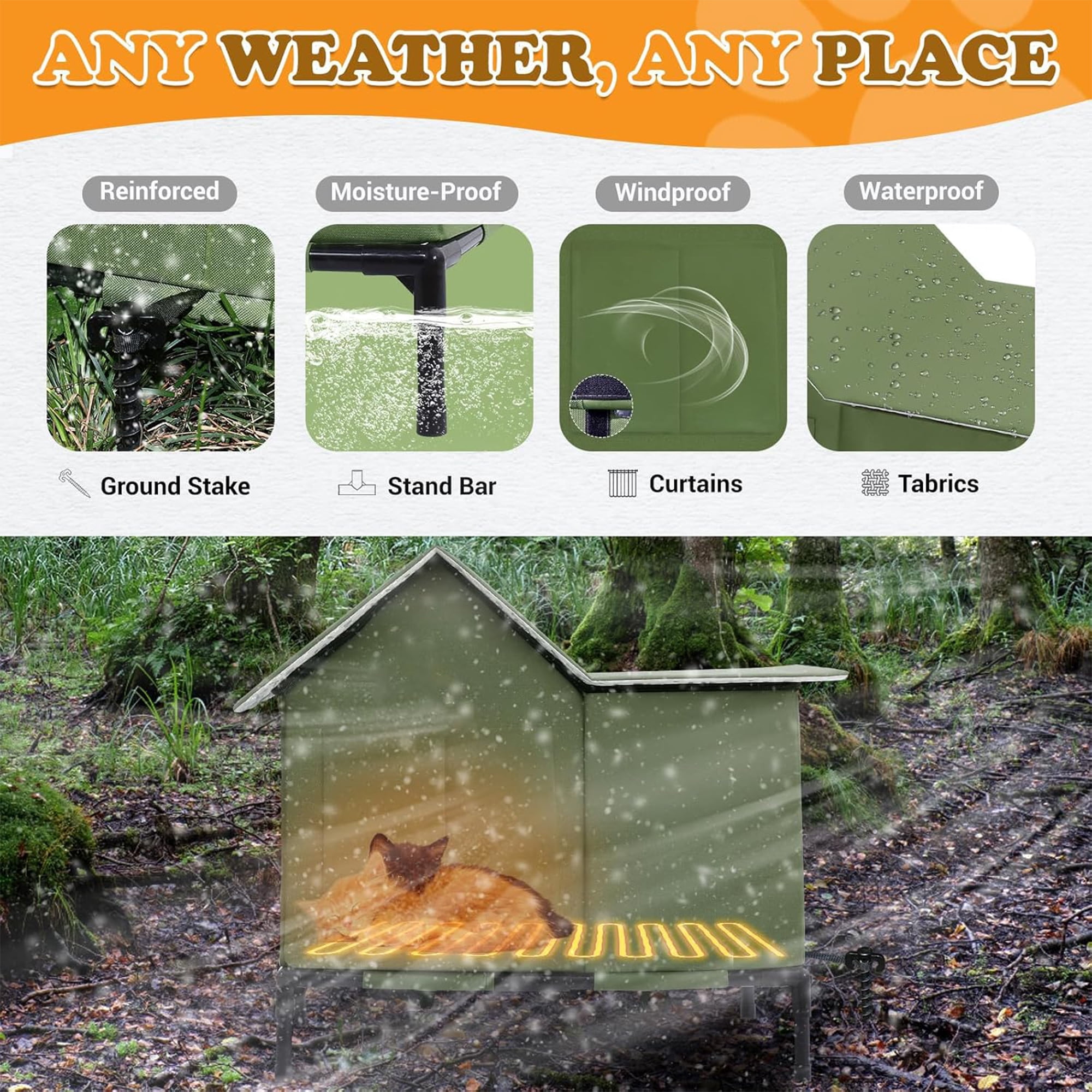 Heated Outdoor Cat House Weatherproof with Heating Pad, Heated Cats House for Outside, Insulated Feral Cat Houses for Outdoor Cats with Safe Escape Door, Elevated Outside Stray Cats Shelter