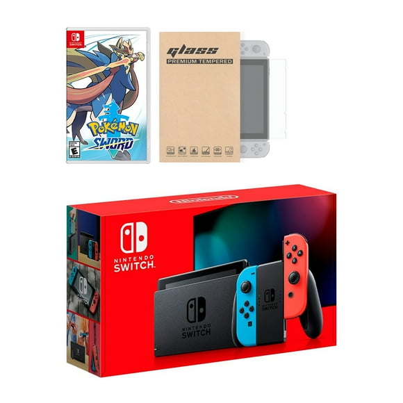 Nintendo Switch Neon Red Blue Joy-Con Console Pokemon Sword Bundle, with Mytrix Tempered Glass Screen Protector - Improved Battery Life Console with the Best Pokemon Game