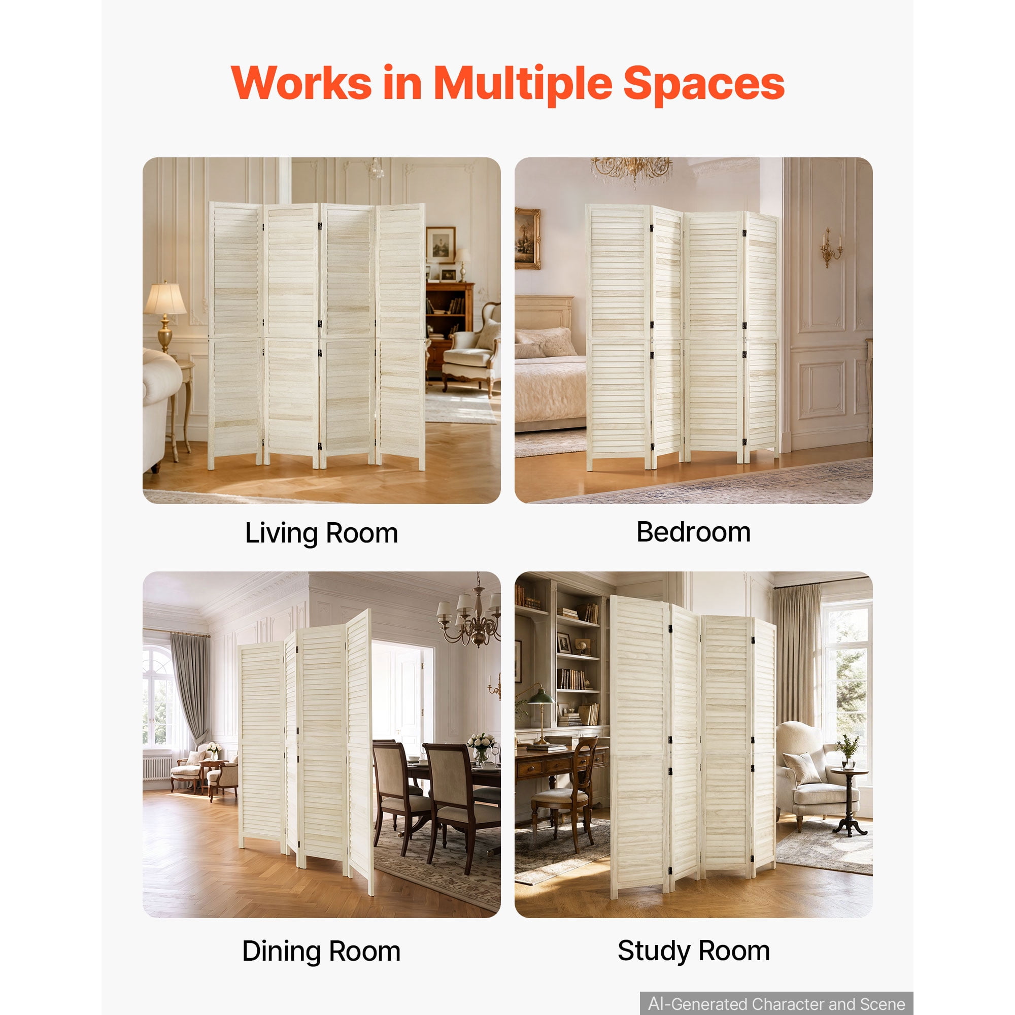 KFFKFF Wood Room Divider with 4 Panels, 67-inch Tall Folding Privacy Screen for Home Decoration and Space Separation, Durable Wooden Frame, 360° Dual-Directional Hinges, Simple Assembly