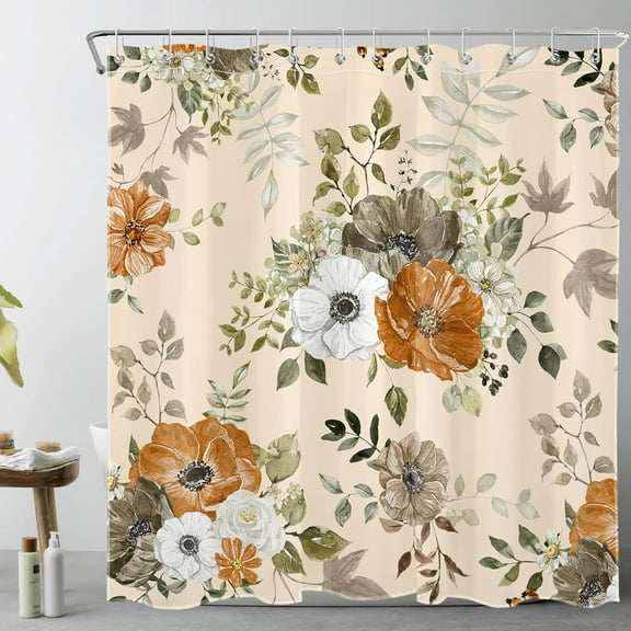 Fall Floral Shower Curtain for Bathroom,White Orange Wildflower and Grey Maple Leaf on Beige Fabric Shower Curtain with Hooks,Nature Botanical Bathroom Curtain Shower Set, 72x72 inches