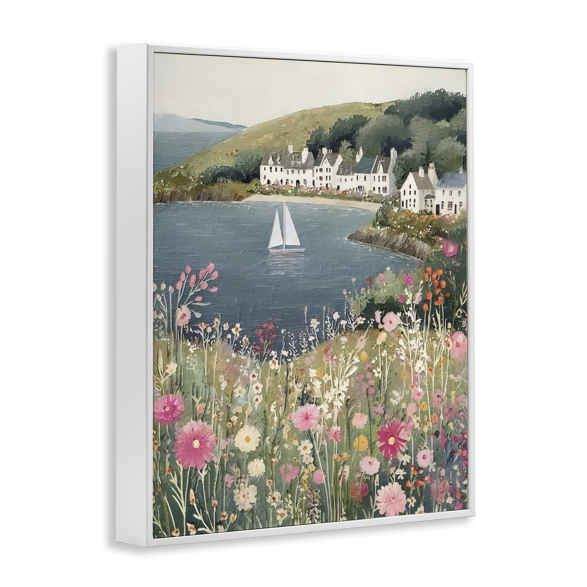 Stupell Industries Clifftop Meadow & Sailboat White Framed Giclee Art, design by Riley B