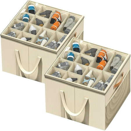 Shoe Storage Organizer for Closet Large Shoe Box Storage Containers with Clear Cover and Reinforced Handles Foldable Shoe Storage Organizer Box Bin Fits to 12-16 Pairs 2 Pack (Beige)