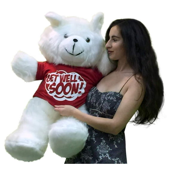 Get Well Soon Giant White Teddy Bear 3 ft Soft, Wears Removable T-shirt Get Well Soon