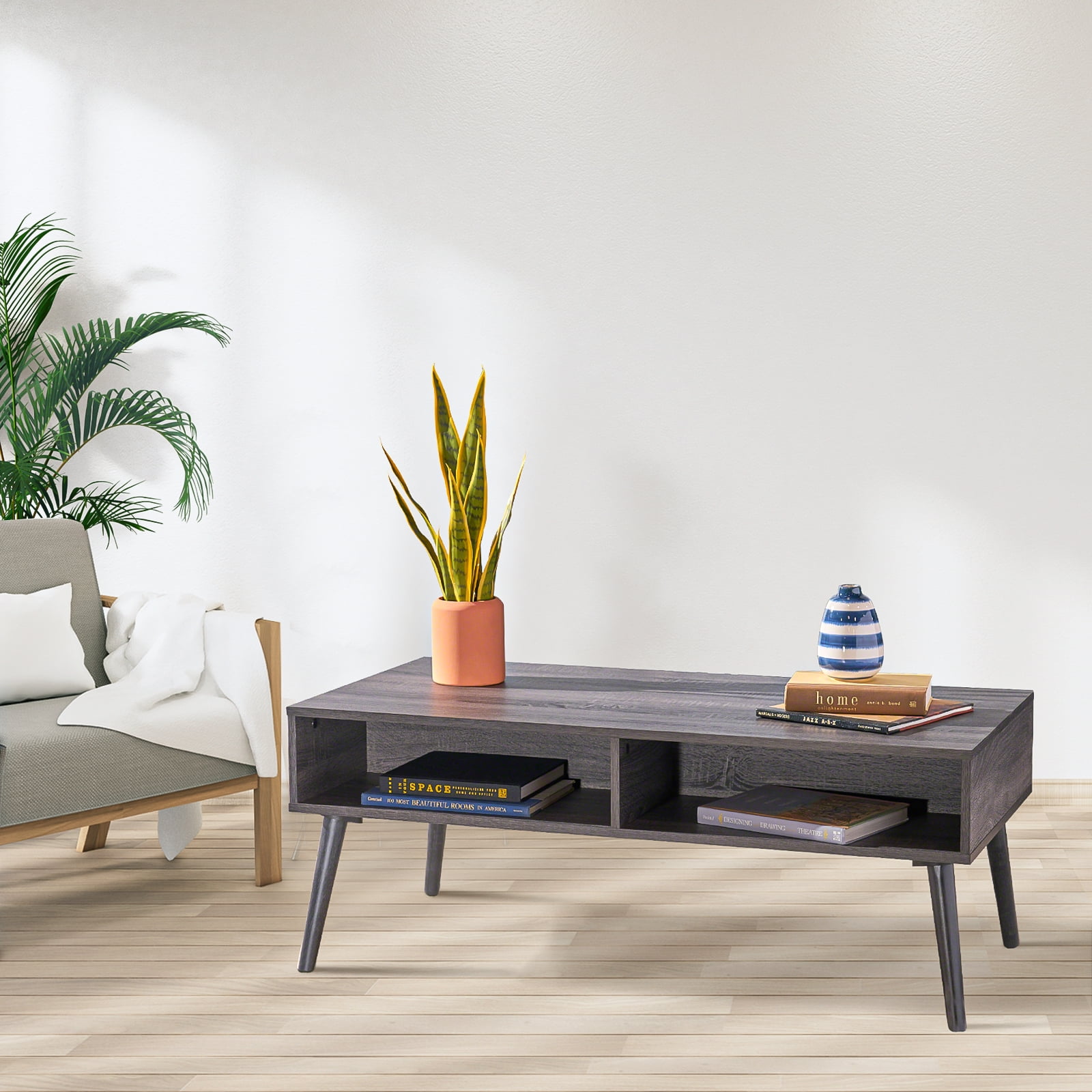 Kadyn Faux Wood Overlay Coffee Table, Mid Century Coffee Table with Storage Space, Modern Fiberboard Coffee Table for Bedroom, Plaid Grey Oak Kadyn Faux Wood Overlay Coffee Table, Mid Century Coffee Table with Storage Space, Modern Fiberboard Coffee Table for Bedroom, Plaid Grey Oak