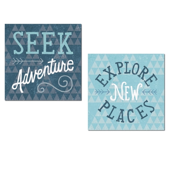 Lovely Light Blue and Navy Inspirational "Seek Adventure" and Explore New Places" by Michael Mullan; Two 12x12in Unframed Paper Posters