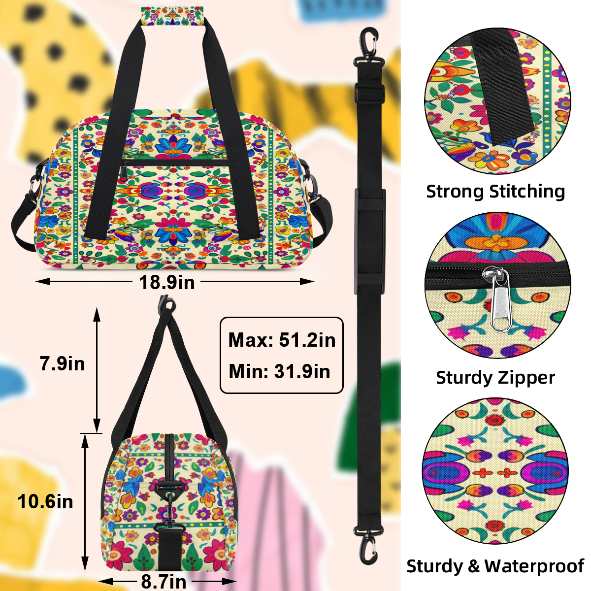 Herdesigns Sports Duffle Bags Travel Duffle Bag Gym Bag Birds Colorful Flowers Mexican Weekender Travel Bag Waterproof Overnight Bag Carry On Travel Tote Bag Dance Bags