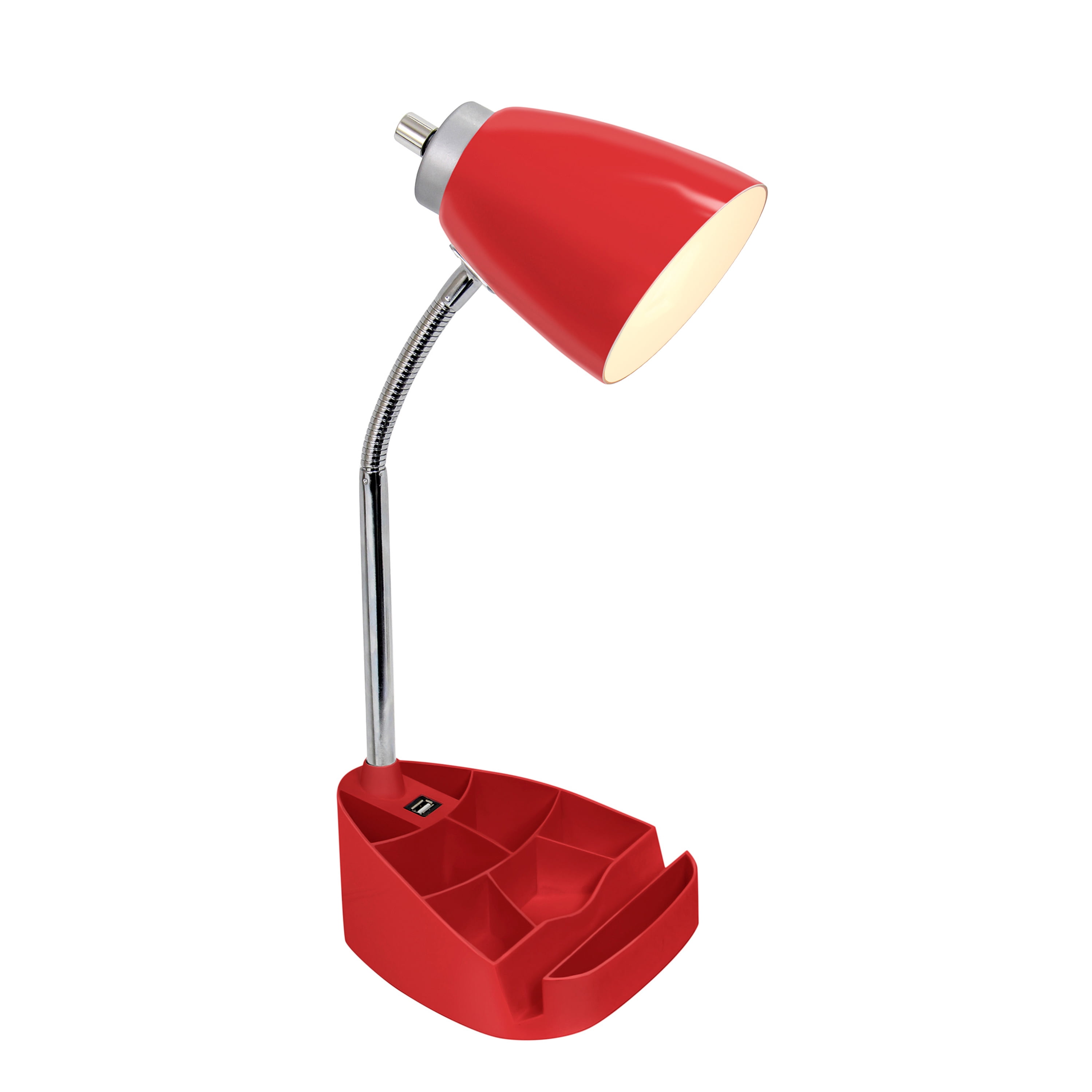 Creekwood Home 18.5" Flexible Coordinating Desk Lamp with USB Port and Storage, Red