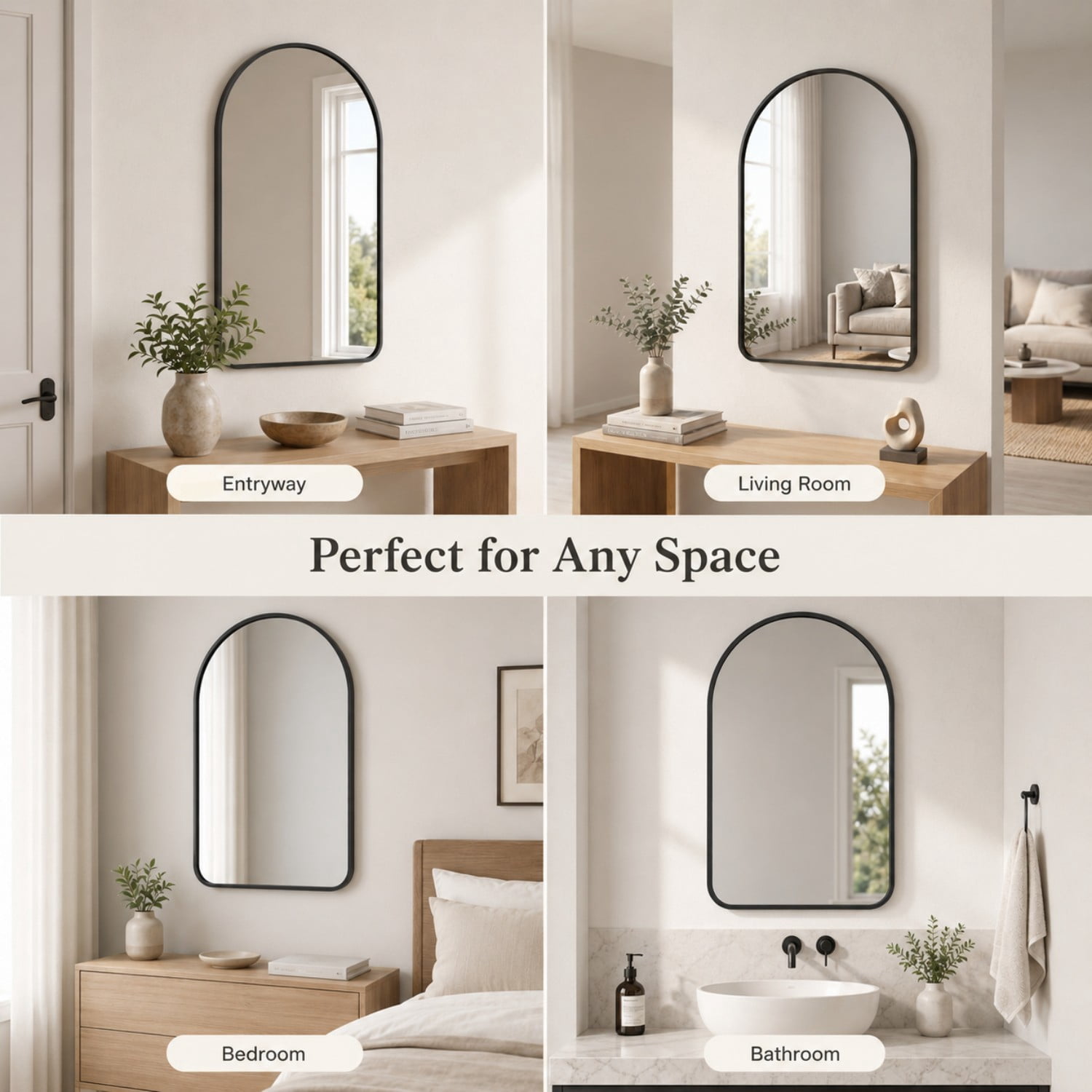 Easy4Home 24"x36"Rounded Arched Bathroom Mirror Decor Vanity Mirror Wall Mounted,Black