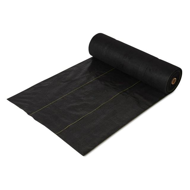 DeWitt Pro 5 5oz 3' x 250' Commercial & Home Landscape Weed Barrier Fabric in a black roll with yellow stripes for plant alignment. Made of 5-ounce woven polypropylene, it resists punctures, tears, UV rays, and weed growth. Suitable for greenhouses, gardens, and outdoor landscaping, it allows air, water, and nutrients to pass through while conserving soil moisture. Provides 750 square feet of coverage and is hydrophilic treated for optimal plant health.