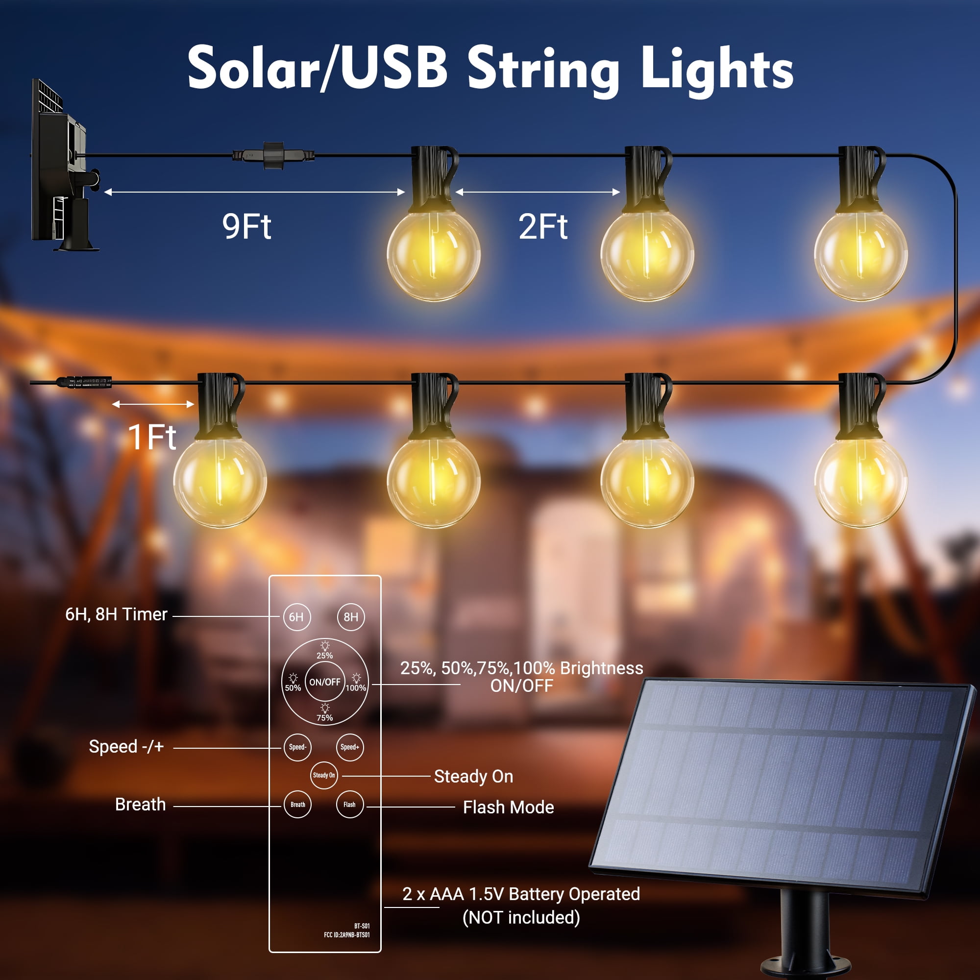 DAYBETTER Solar Outdoor Lights, 50FT Solar Powered Patio String Lights with 25 G40 Shatterproof Bulbs, Waterproof Hanging Lights for Backyard Garden Decor