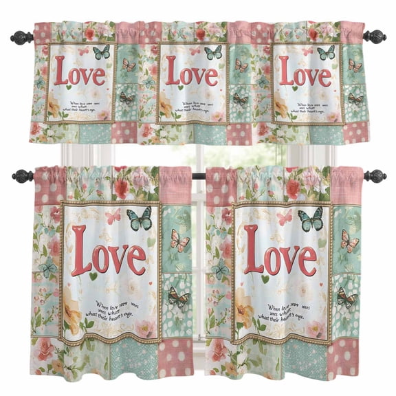Spring Pink Green Check Kitchen Curtains Sets for Windows 24 Inch Length, Vintage Floral Checkered Love Rod Pocket Window Treatments Tier Curtains and Valances Set for Bedroom/Bathroom