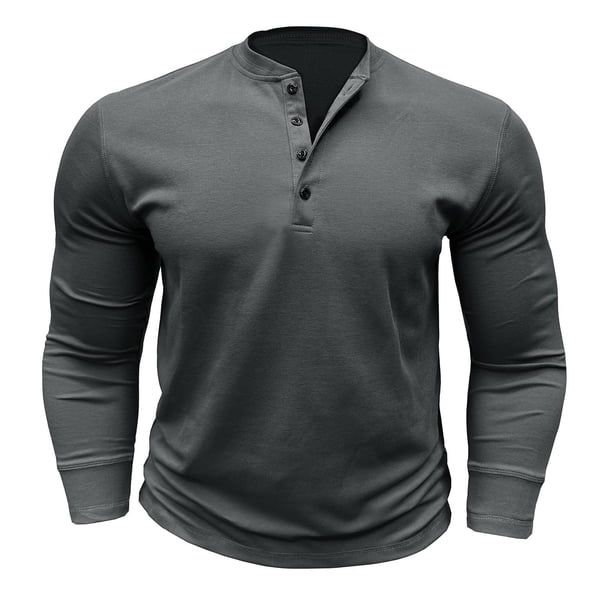 Camiseta de manga larga con botones y color liso para hombre, para otoño, mezcla de poliéster, cómoda e informal, varias tallas disponibles.