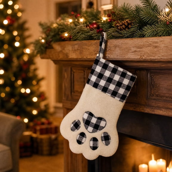 Ratfeit Christmas Paw Shaped Pet Stocking, 15.3-Inch, Black White Buffalo Plaid, Hanging Loop, Christmas Tree Decor, Dog Cat Treat Stocking