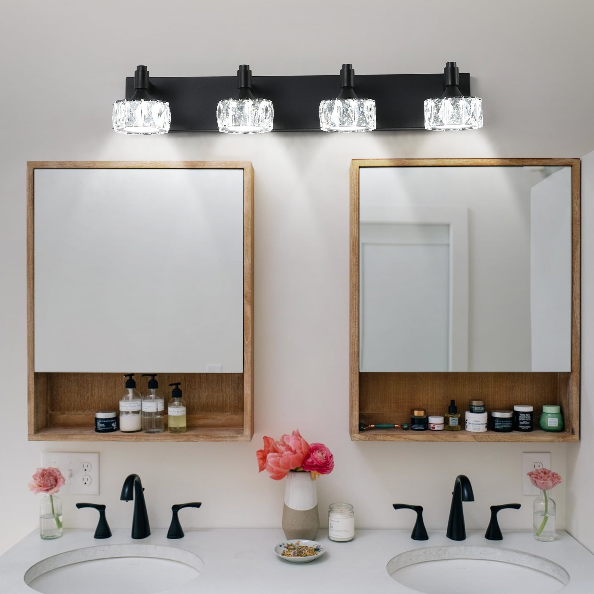 Crystal Vanity Lights for Bathroom,4 Light Bathroom Vanity Light, Modern 28.1in Light Over Mirror Light Fixtures Matte Black