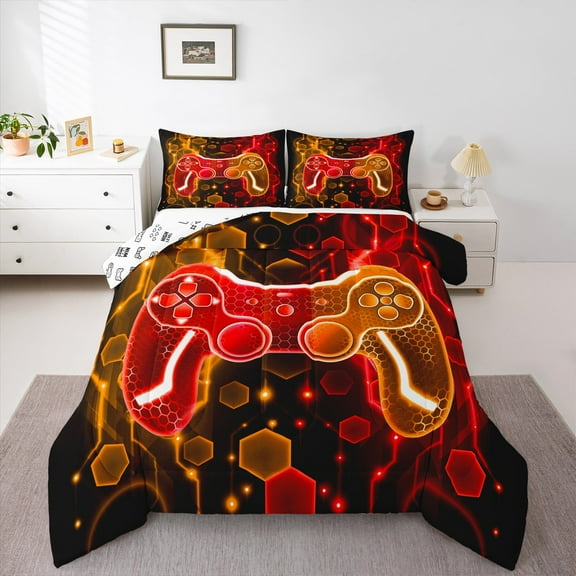 Manfei Neon Gamepad Boys Bedding Comforter Set, Orange Red Honeycomb Geometric Twin Comforter Sets, Modern Video Game Lover Reversible Bedding Set, Luxury Bedroom Decor, 2 Pieces