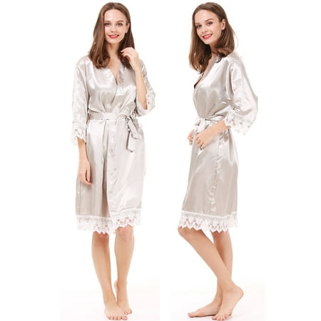 

Mr & Mrs Right Women Solid Satin Kimono Robes Silk Bride Bridesmaid Bathrobes Sleepwear With lace Trim