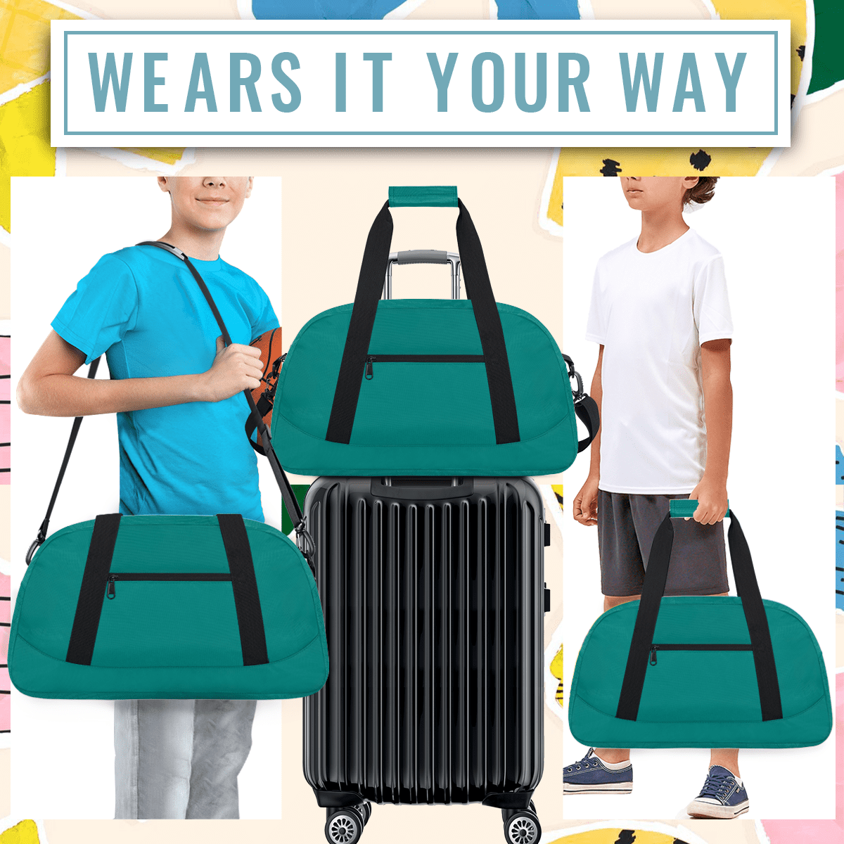 Herdesigns Teal Sports Duffle Bag for Women & Men, Gym Bag Dance Bag Overnight Bag Carry On Weekender Travel Bag
