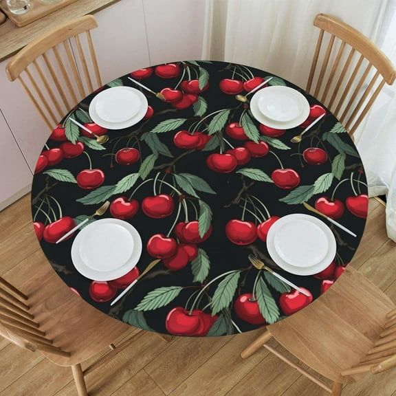 Cherry Fruit Black Round Fitted Tablecloth, Waterproof Outdoor Table Cloth Fitted with Elastic Wipeable Table Cover Fit for 45" - 50" Diameter