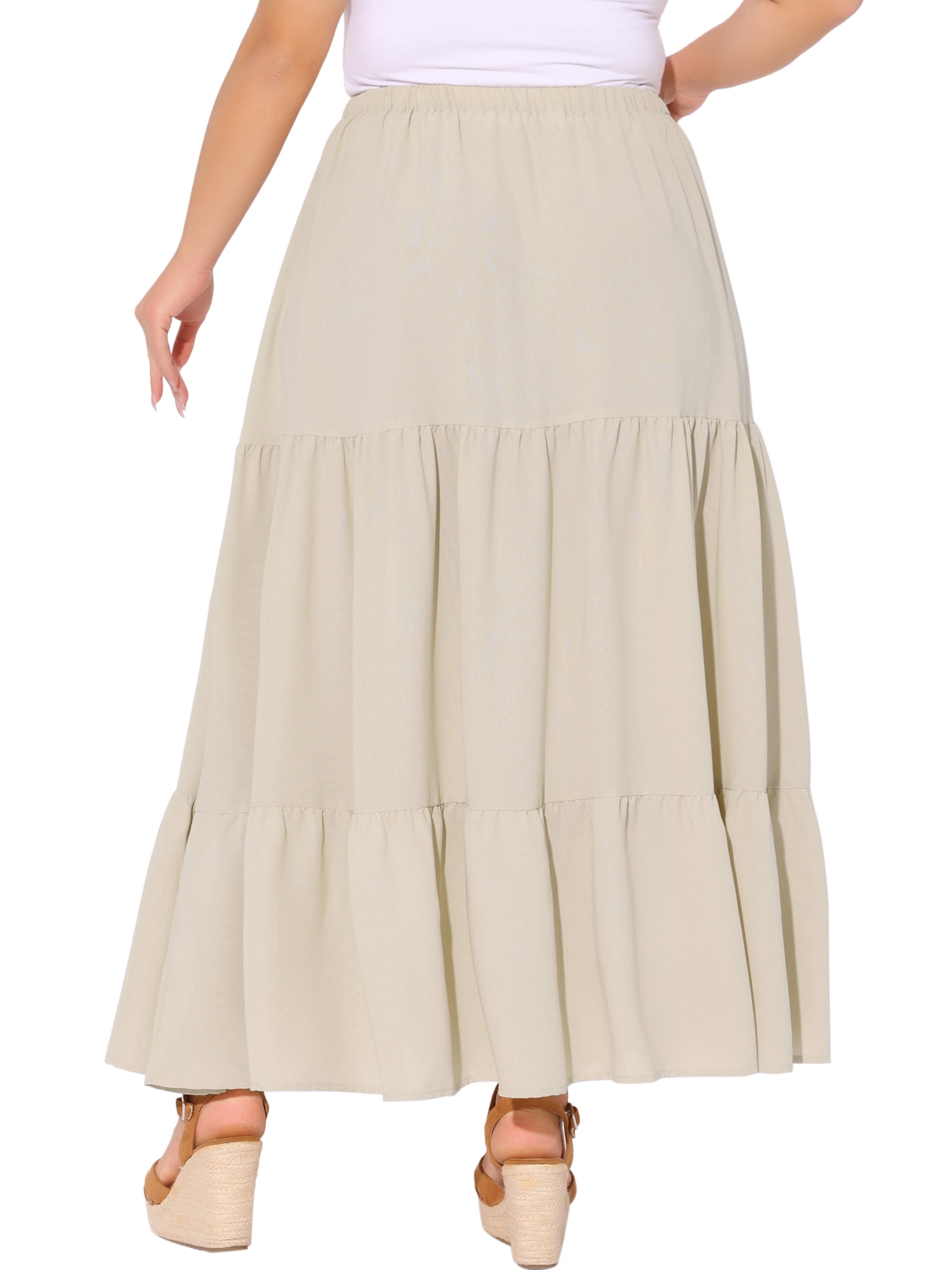 DARING DIVA Women's Plus Swing Maxi Elastic High Waist Boho Flowy Skirts 3X Beige