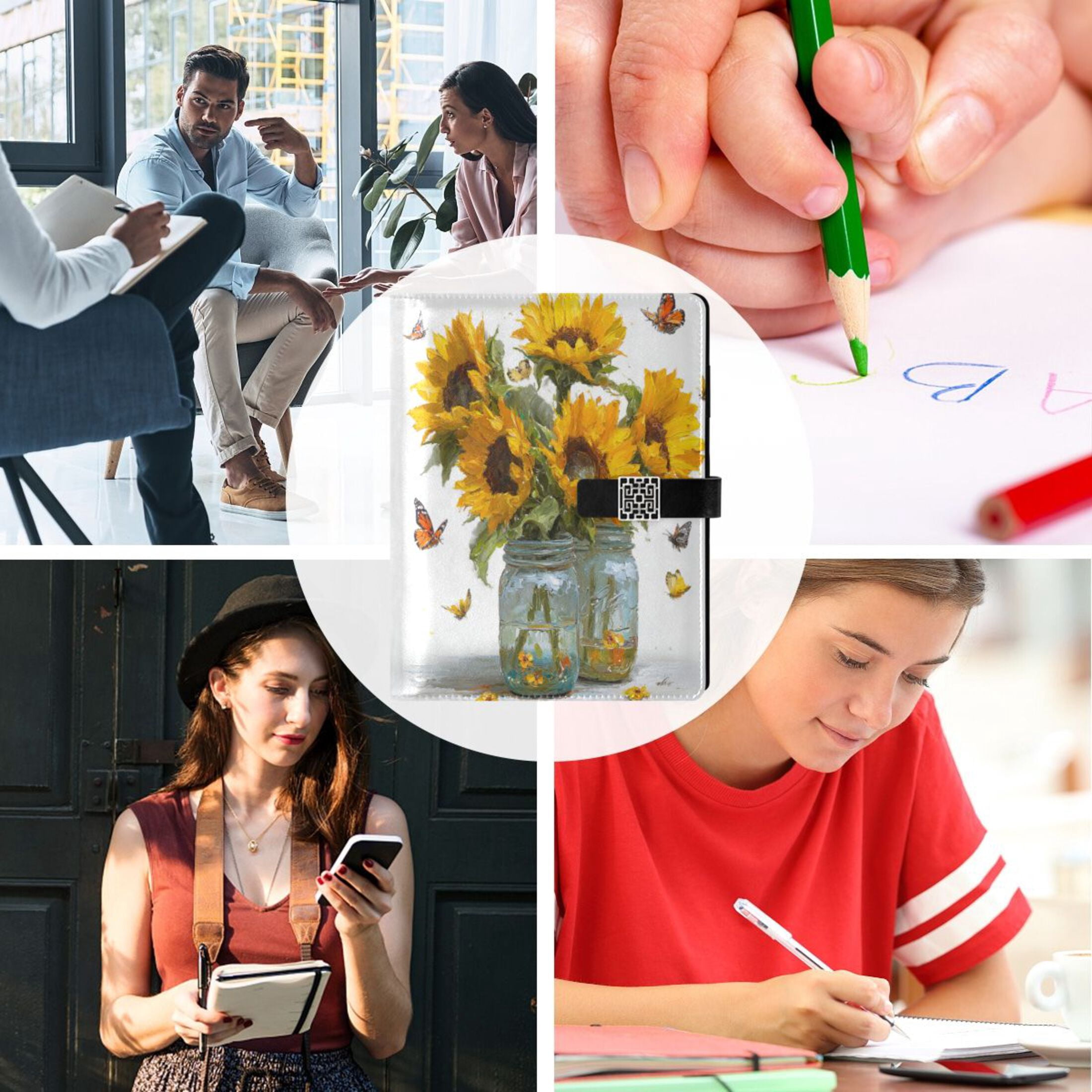 Leather Planner Leather Notebook Notebook Journal Binder Design Pen Pocket Design Convenient for Storage Sunflowers in Glass Jars