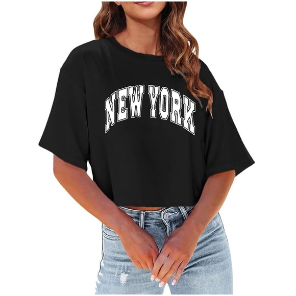 HXWCHs T-Shirt Essentiel pour Femmes Été Décontracté Col Rond T-Shirt pour Femmes Doux Léger Imprimé Lettre Haut Confortable Usage Quotidien TG Noir
