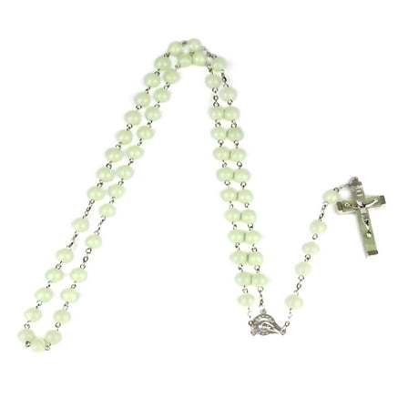 8mm Glow in the Dark Rosary Necklace Jesus Christ Cross Pendant Noctilucent Long Chain Catholicism Fashion Jewelry