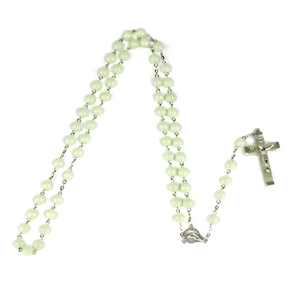 Yammee 8mm Glow in the Dark Rosary Necklace Jesus Christ for Cross Pendant Noctilucent Long Chain Catholicism Religious Fashion Jewelry