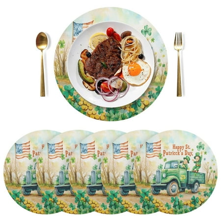 

Ryvnso St Patricks Day Truck Scene Round Plate Mats Dining Table Placemat Set of 6 for Holiday Decoration