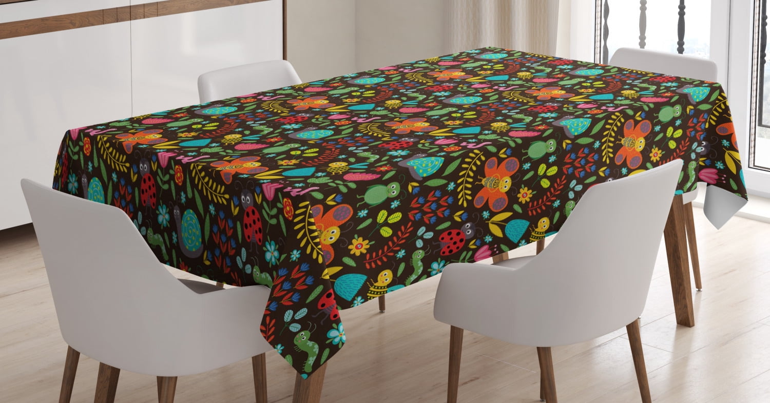 Tablecloth Yellow Insects Spring Tablecloth, Cheerful Cartoon Insects Playing with Reptile ...
