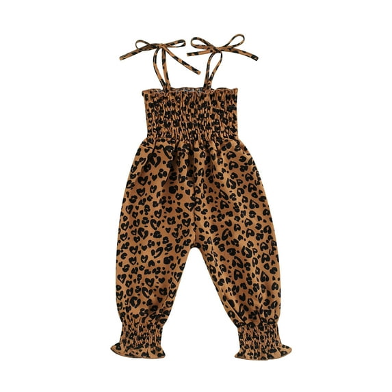 Kiapeise Baby Girls Sleeveless Strap Romper Heart Print Halter Jumpsuit Pants Leopard Overalls Toddler Ruffle Pleated Bodysuit