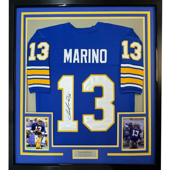 Framed Autographed/Signed Dan Marino 35x39 Pittsburgh Blue College Football Jersey JSA COA