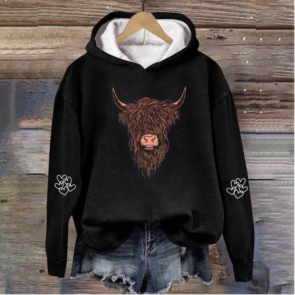 Womens Oversized Hoodies Vintage Highland Cow Head Graphic Hooded Sweatshirt Drop Shoulder Streetwear Casual Pullover Tops Fall Winter Clothes Black L