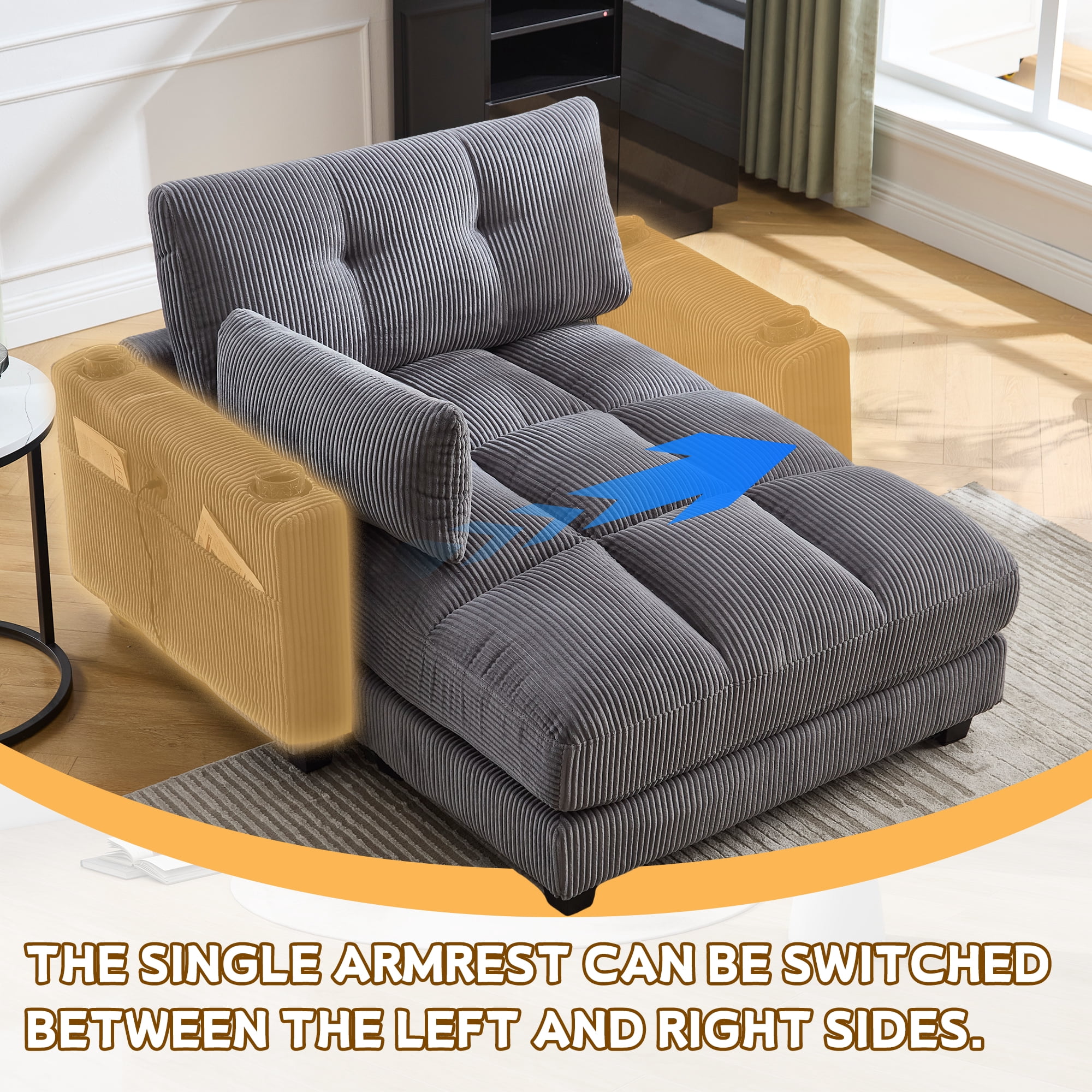 MOONMISS Corduroy Upholstered Soft Deep Seat Sofa with USB,Type-C&2 Cup Holders-Gray