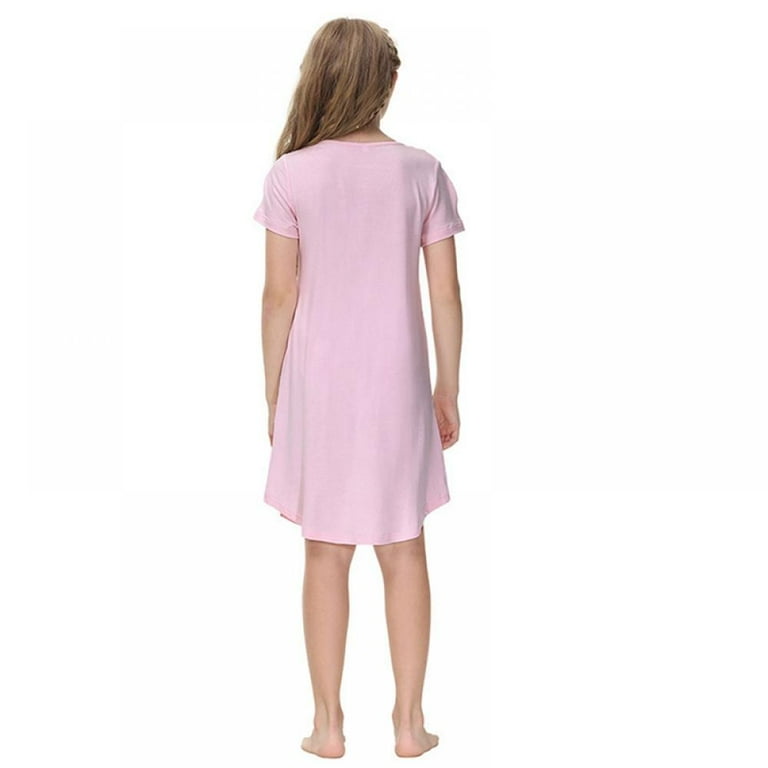 Girls Nightgowns Short Sleeve Cute Cartoon Print Pajama Sleep Dress For Kids Button Down Nighties