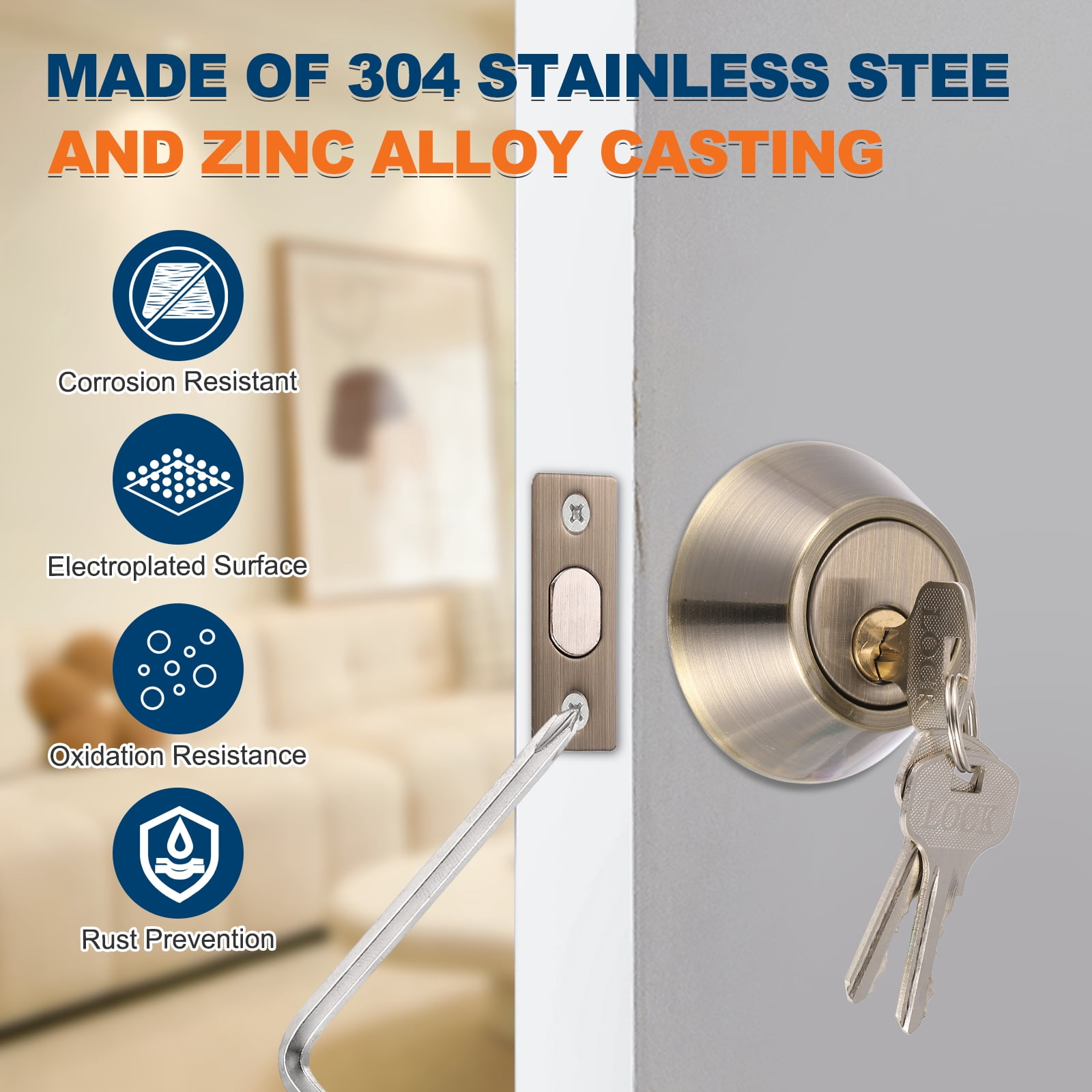 Uxcell Door Lock Set with Single Cylinder Deadbolt (2 Inch, Silver) (2 Set), Round Ball Exterior and Interior Door Knobs, Suit for - Bedroom/Bathroom/Office, Keyed Alike