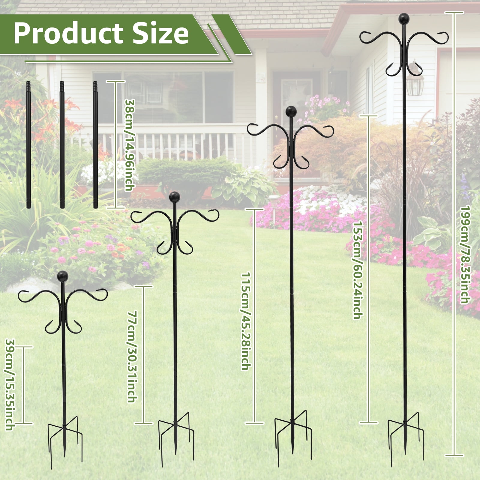 Threns Shepherd Hook 78.35 Inches Iron Double Shepherd Hook with 5 Prong Base Adjustable Bird Feeder Pole for Hanging Basket Solar Lantern