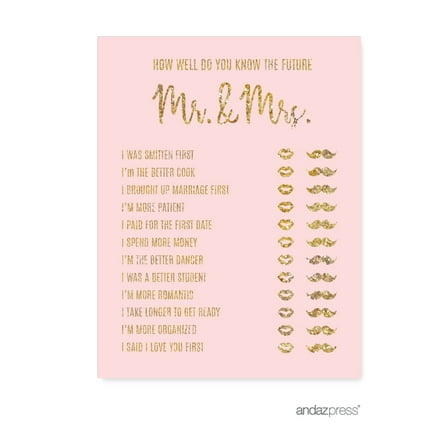 How Well Do You Know The Future Mr./Mrs.?  Blush Pink Gold Glitter Print Wedding Bridal Shower Game Cards, 20-Pack