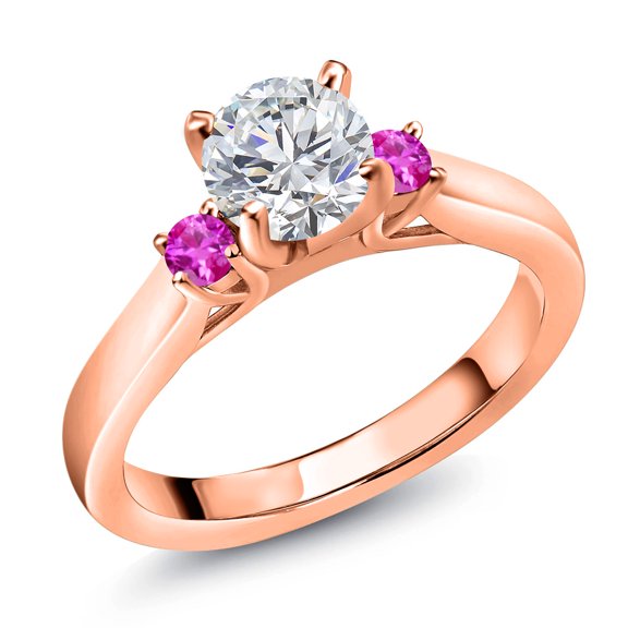 Gem Stone King 18K Rose Gold Plated Silver Lab Grown Diamond and Pink Sapphire Engagement Ring for Women | 0.84 Cttw | Round 6MM | Gemstone April Birthstone | Size 8