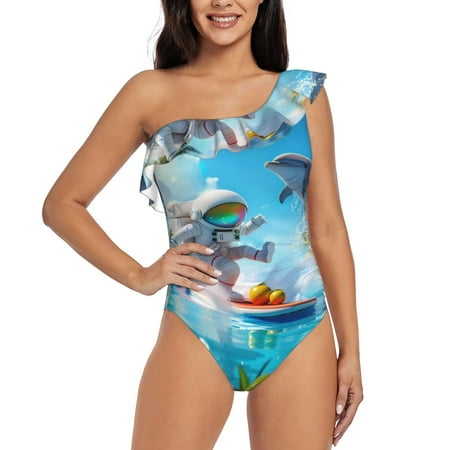 Tebeau Astronaut Tropical Dolphin Print Women s One Piece Swimsuits One Shoulder Swimwear Asymmetric Ruffle Monokinis Bathing Suits-Large