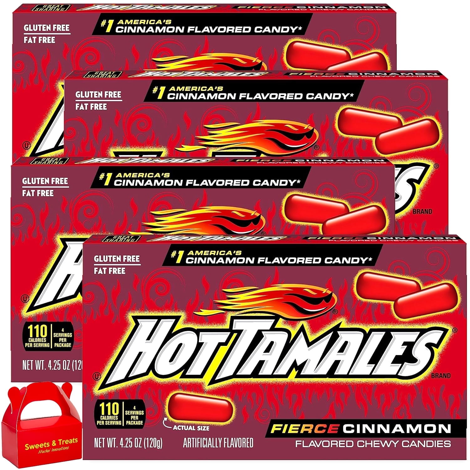Hot Tamales Candy | Fierce Cinnamon Flavored Original Red Chewy Gummy - 4 Theater Boxes (4.5 oz Each) Gluten Free & Fat-Free 18 Oz Total