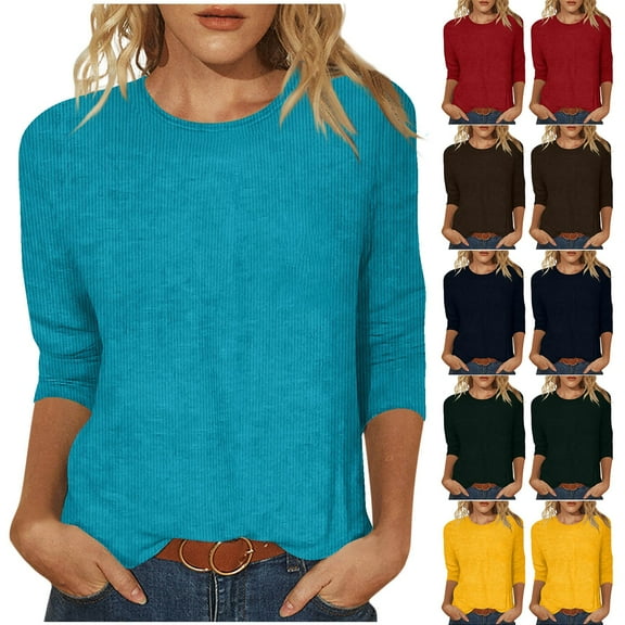 BXINGOHAI Womens Tops Lightweight Stretchy 3/4 Sleeve Shirts Crew Neck Loose Casual Blouses Sale L