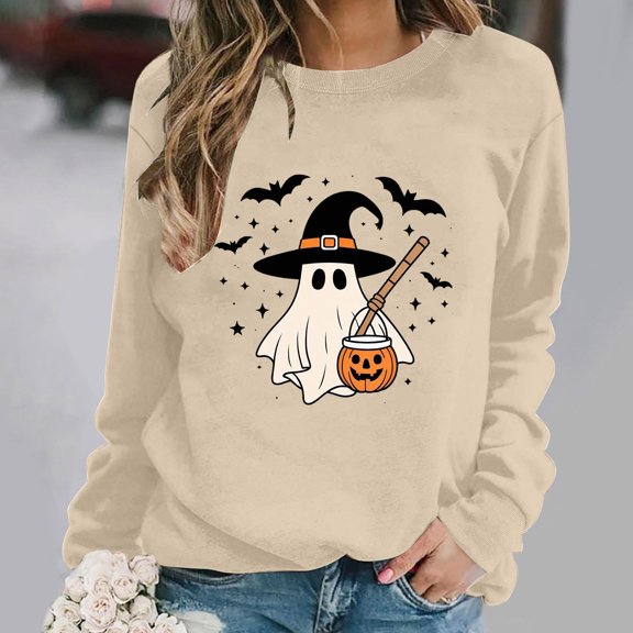 Halloween Sweatshirts for Women Ghost Long Sleeve Shirt | Halloween Ghost Sweater Halloween Outfits Oversized Spooky Season Pullover Tops