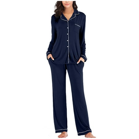 

Women Pajamas Set Long Sleeve Lounge Sets Button Down Sleepwear Long Sleeve Shirt with Long Pajama Pant Set Soft PJ Loungewear