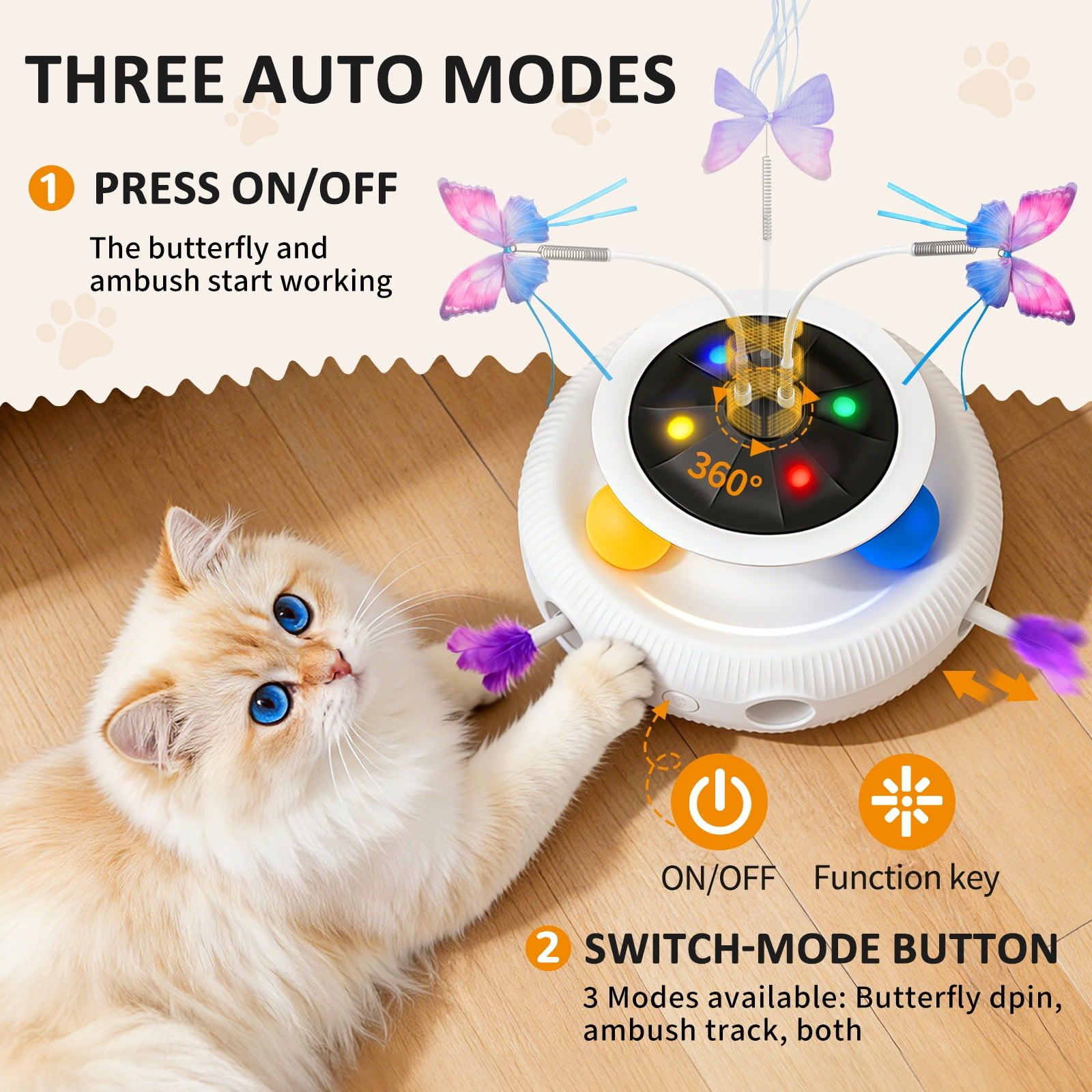 Three-in-one indoor interactive cat toy: Smart cat feather wand, USB rechargeable, White.
