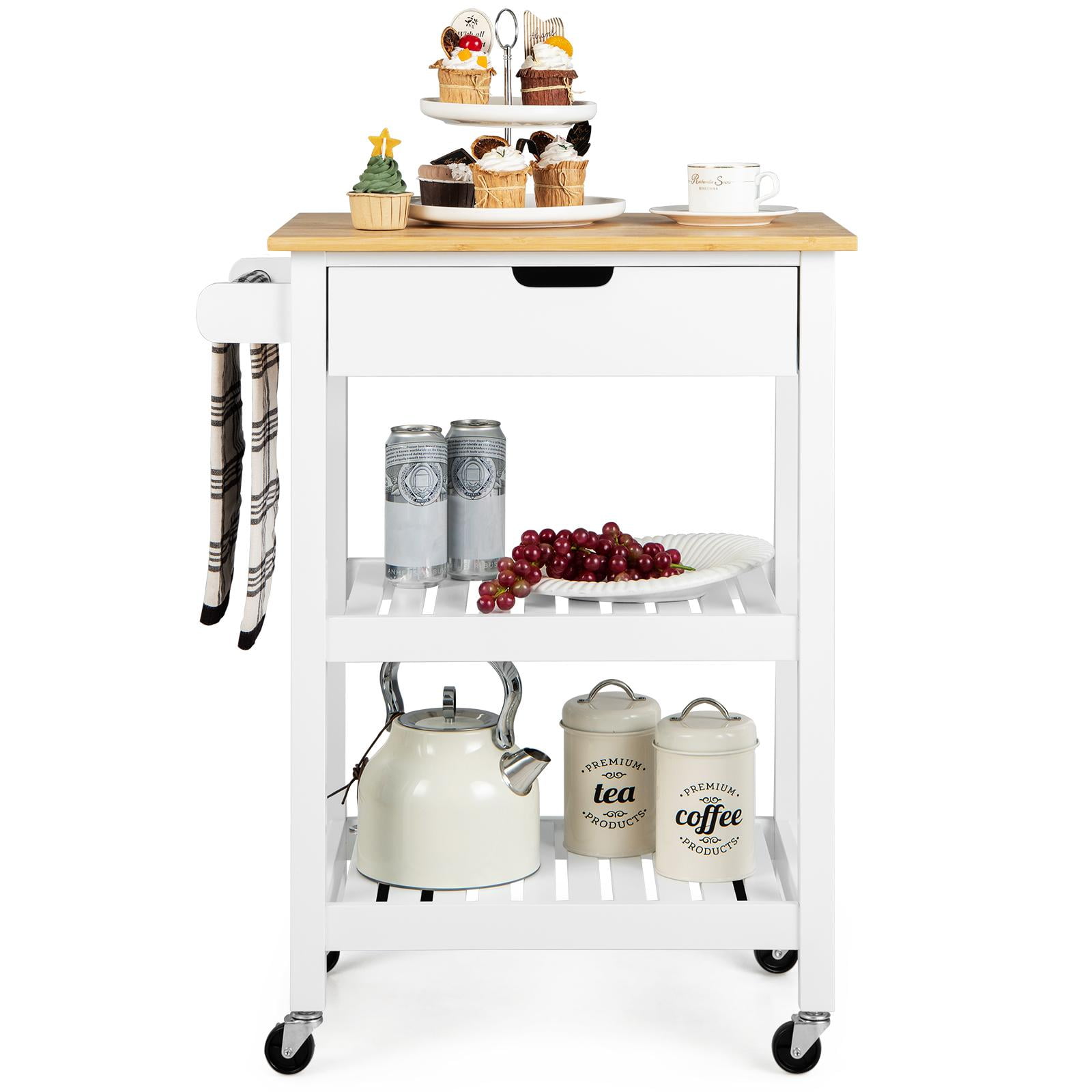 Giantex 3tier Rolling Kitchen Cart, Service Trolley w/Natural Bamboo