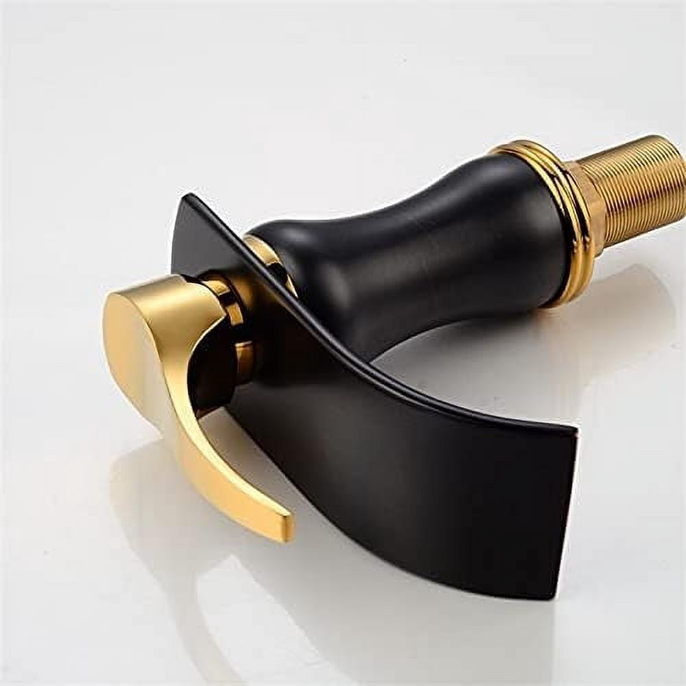 Bathroom Sink Faucet, Basin Faucet Single Handle Black & Gold Brass Waterfall Basin Mixer Tap Hot & Cold Bathroom Faucets Sink Waterfall Faucet Drain
