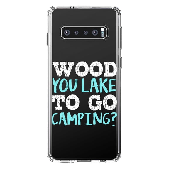 DistinctInk Clear Shockproof Hybrid Case for Samsung Galaxy S10 (6.1" Screen) - TPU Bumper Acrylic Back Tempered Glass Screen Protector - Wood You Lake to Go Camping
