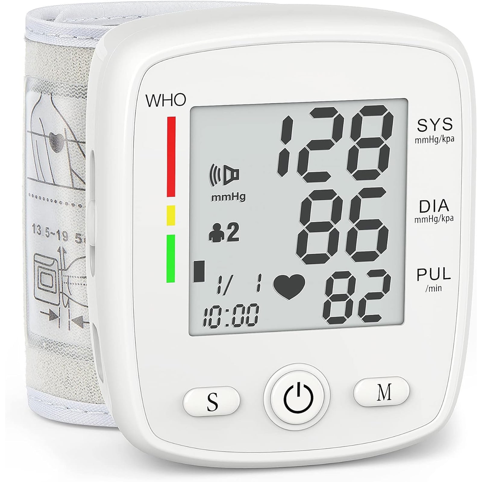 Blood Pressure Monitor, Auzui Wrist Pressure LED Display Automatic Voice Pulsometer Sphygmomanometer, Rechargable Heart Health BP Monitor for Home Travel Use,White