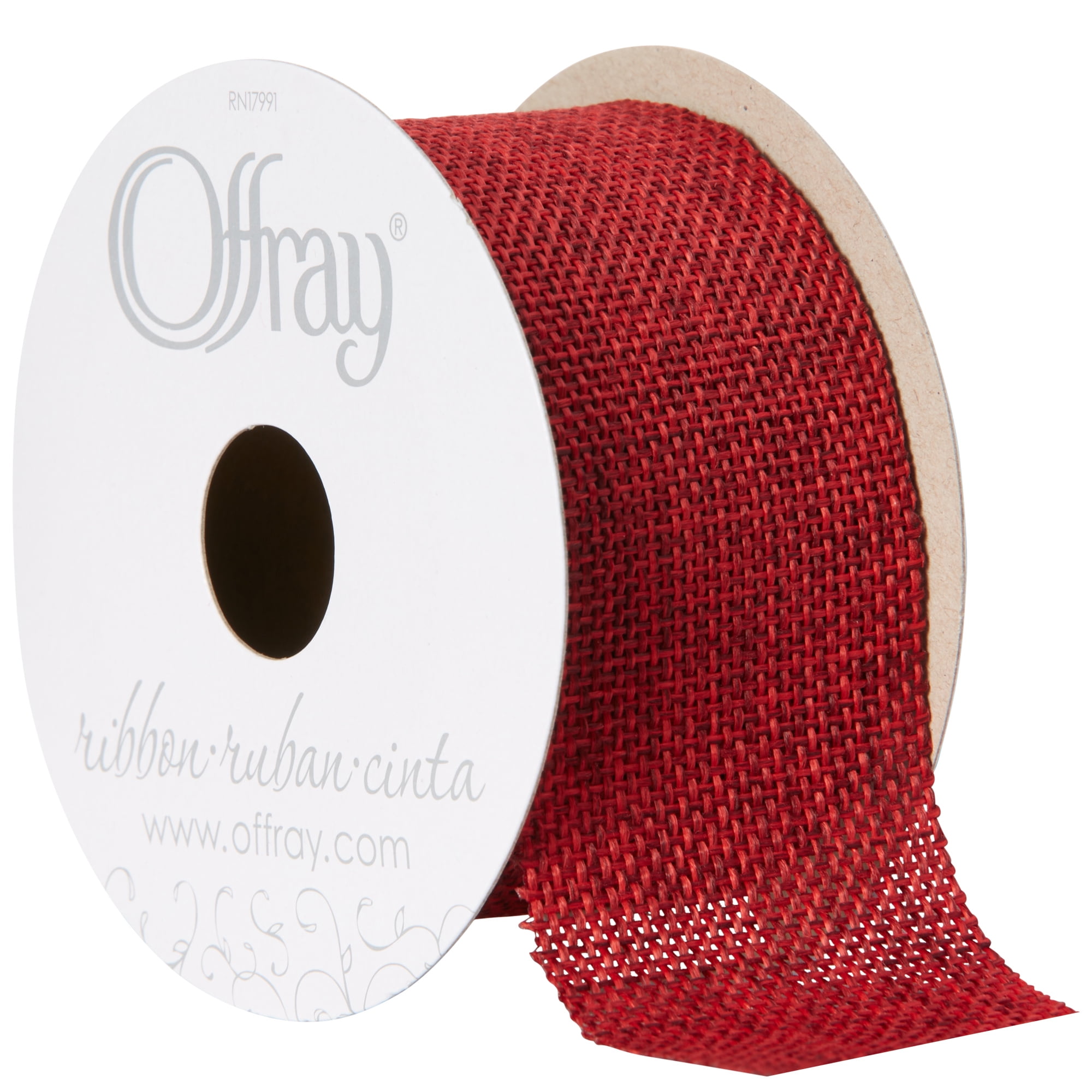 (3 pack) Offray Ribbon, Red 1 1/2 inch Woven Burlap Woven Ribbon, 9 feet