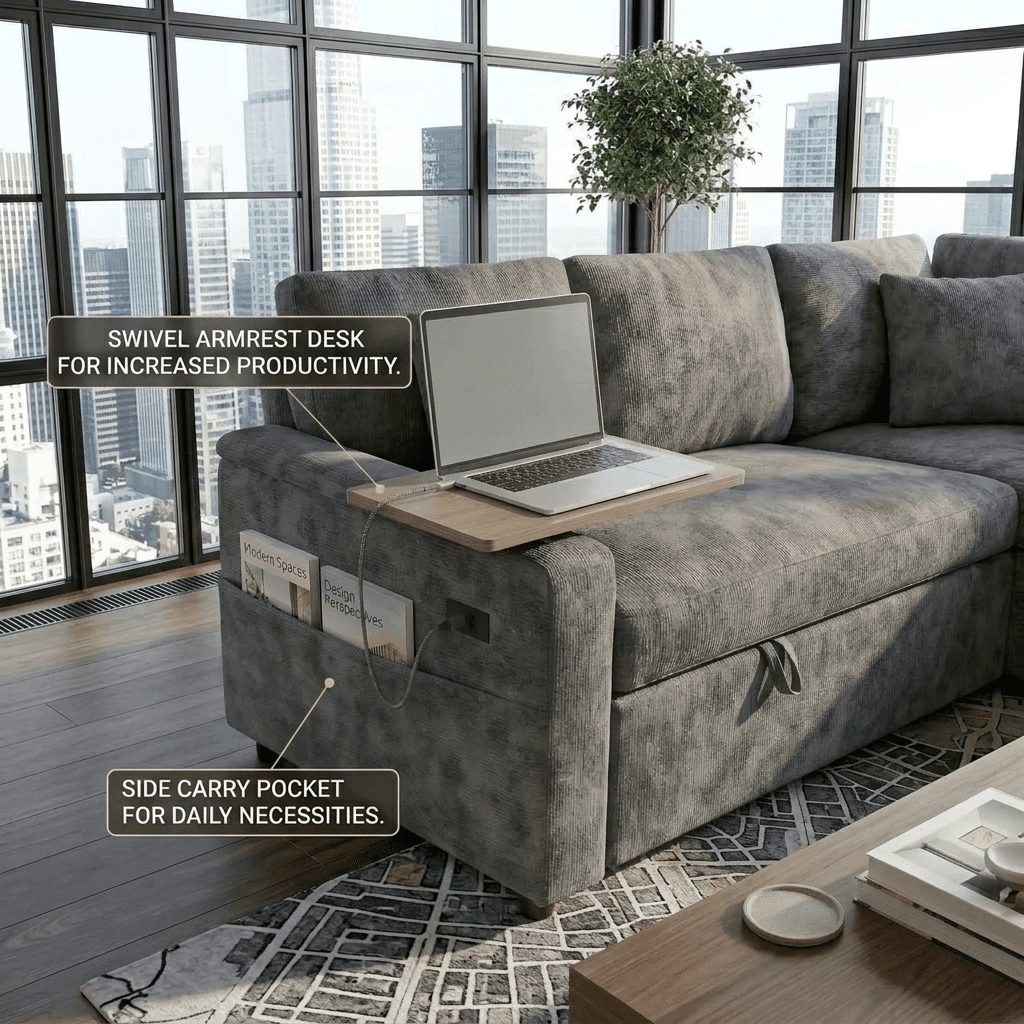 EPOWP 81" Modular Sectional Sleeper Sofa, L Shaped 5-Seater Couch with Pull Out Bed, Large Storage Chaise, USB Charging Ports & Cup Holders, Chenille Sofa Bed for Living Room, Grey
